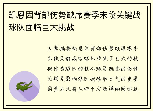 凯恩因背部伤势缺席赛季末段关键战球队面临巨大挑战