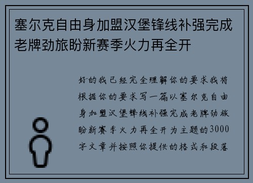 塞尔克自由身加盟汉堡锋线补强完成老牌劲旅盼新赛季火力再全开