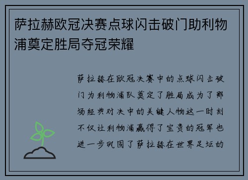 萨拉赫欧冠决赛点球闪击破门助利物浦奠定胜局夺冠荣耀