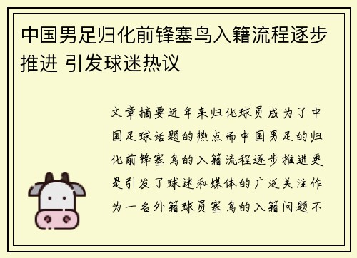 中国男足归化前锋塞鸟入籍流程逐步推进 引发球迷热议