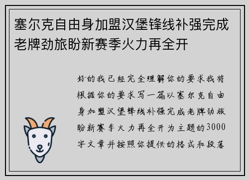 塞尔克自由身加盟汉堡锋线补强完成老牌劲旅盼新赛季火力再全开